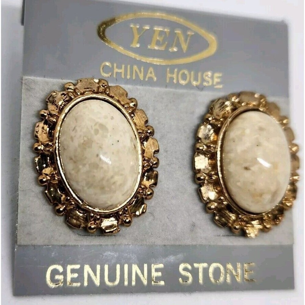 YEN China House Genuine Stone Earrings With Flowered Gold Tone Border NEW